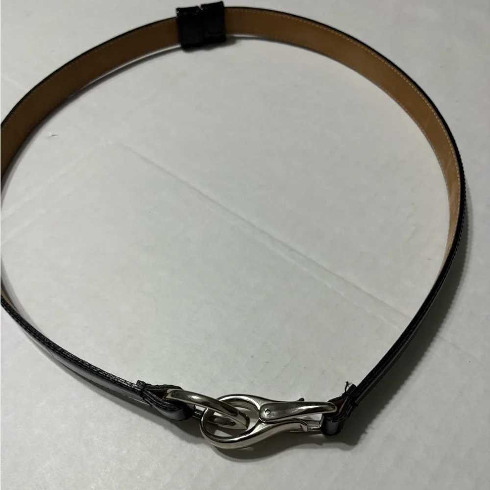 WCM‎ New York Glossy Black Leather Belt with Silver Ring Hook Closure. USA S/M